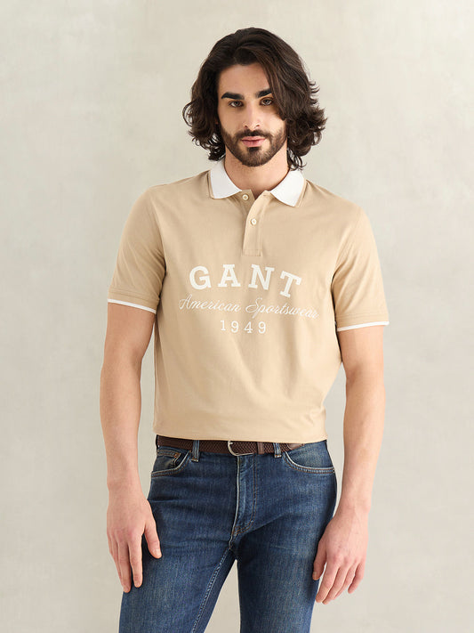 Gant Men Beige Printed Regular Fit Pure Cotton Polo T-Shirt