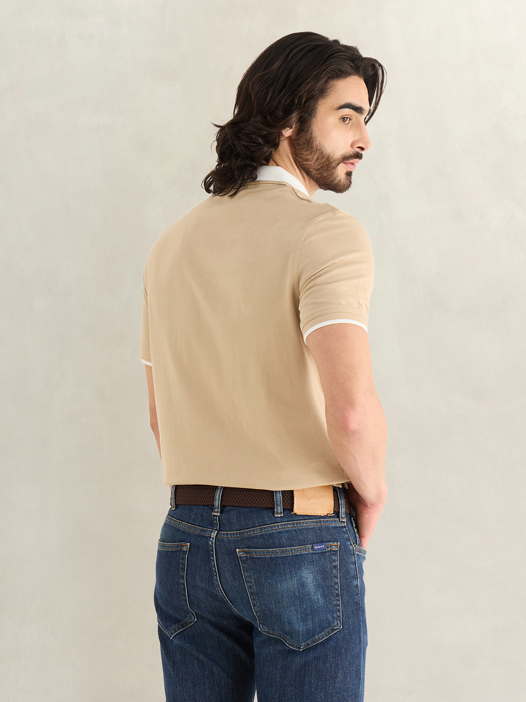 Gant Men Beige Printed Regular Fit Pure Cotton Polo T-Shirt