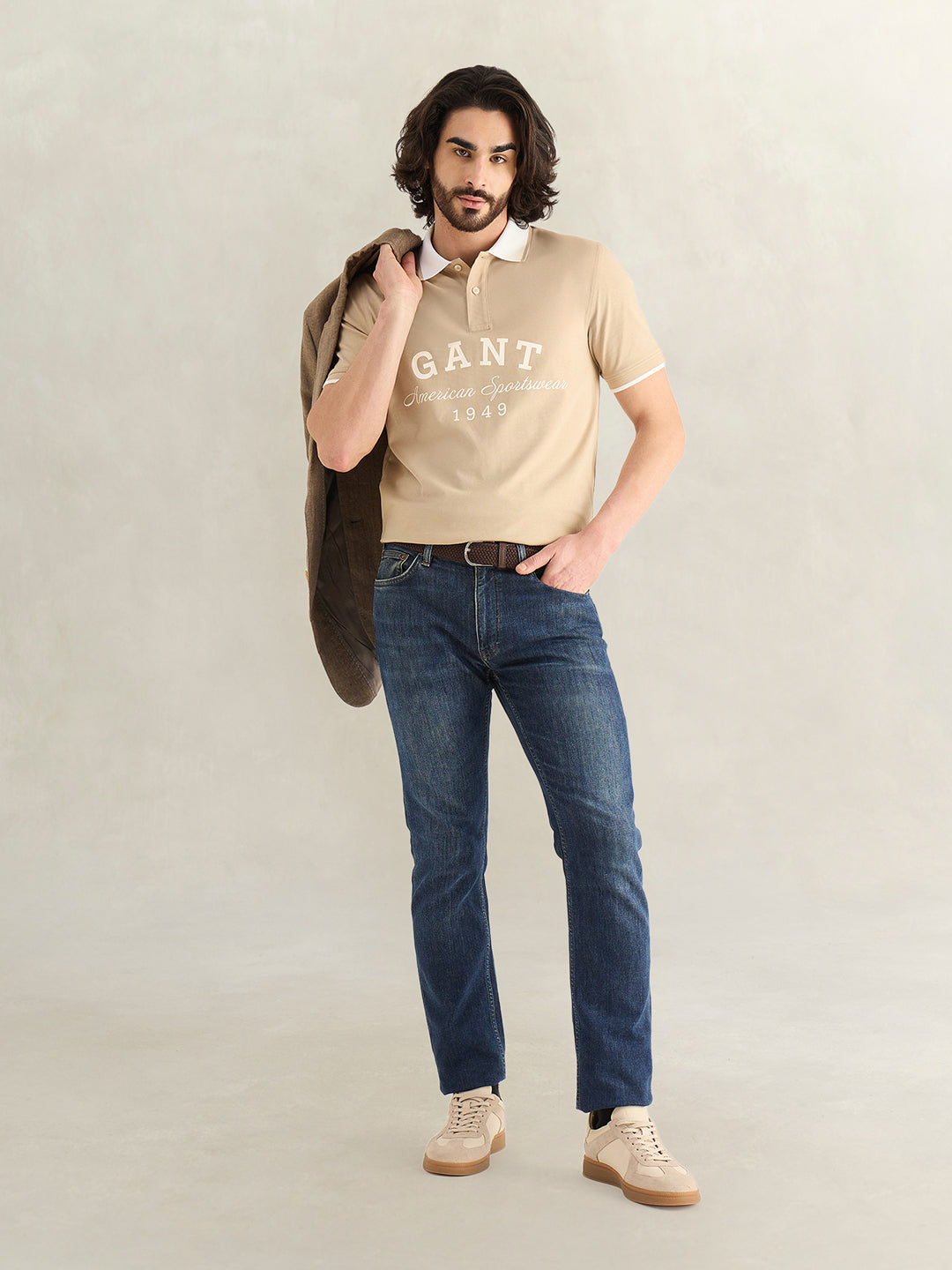 Gant Men Beige Printed Regular Fit Pure Cotton Polo T-Shirt