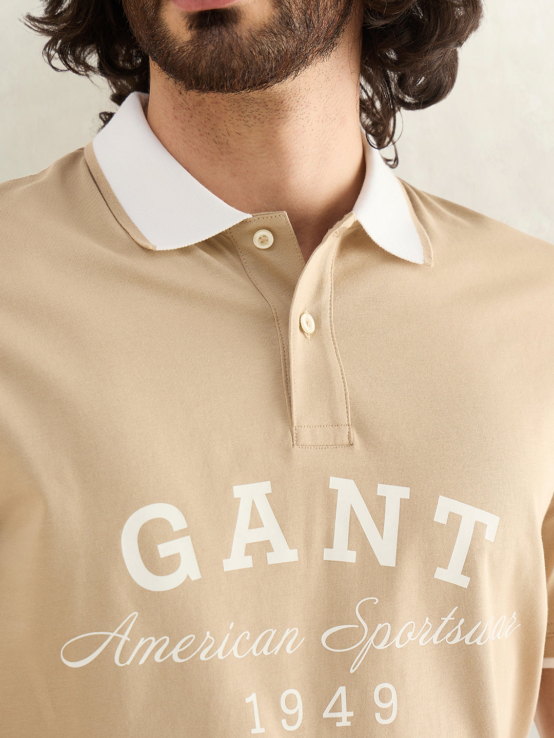 Gant Men Beige Printed Regular Fit Pure Cotton Polo T-Shirt