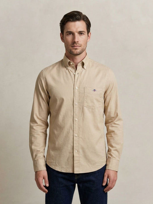 Gant Men Beige Solid Regular Fit Classic Poplin Shirt