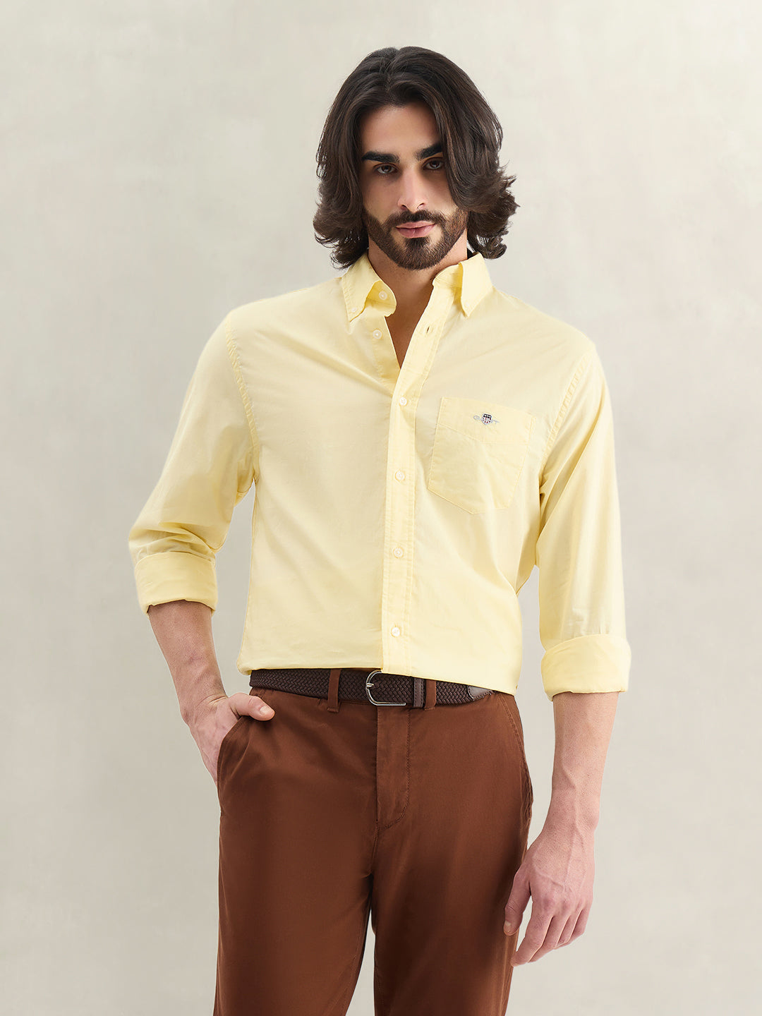 Gant Men Yellow Striped Regular Fit Classic Poplin Shirt