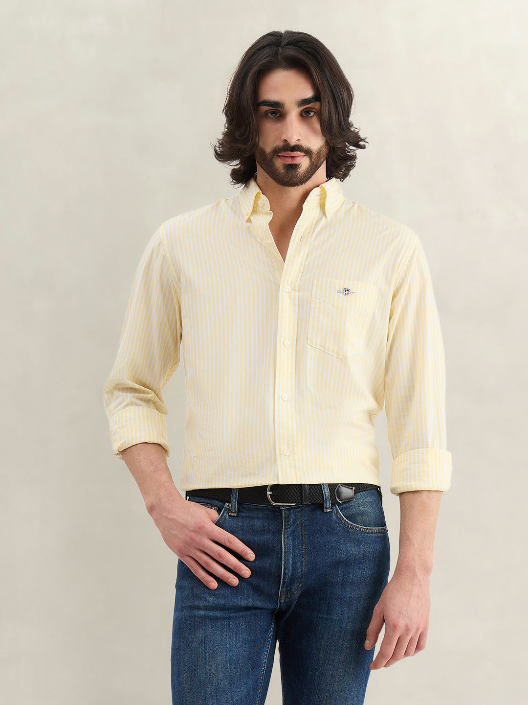 Gant Men Yellow Striped Regular Fit Classic Poplin Shirt