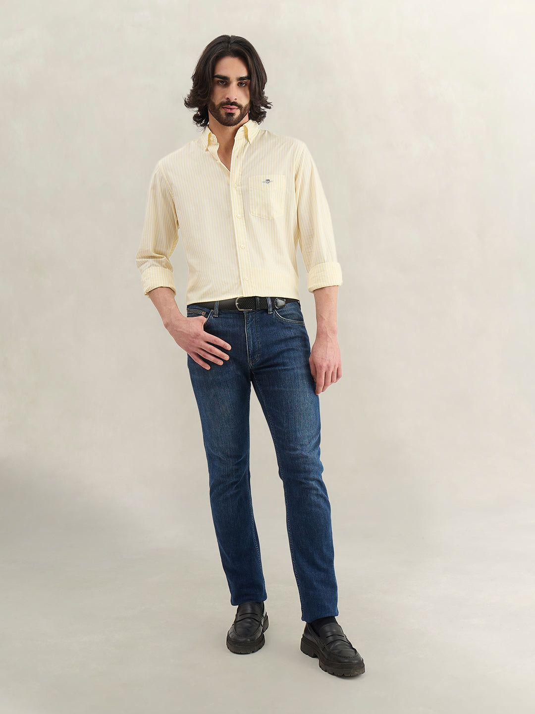 Gant Men Yellow Striped Regular Fit Classic Poplin Shirt