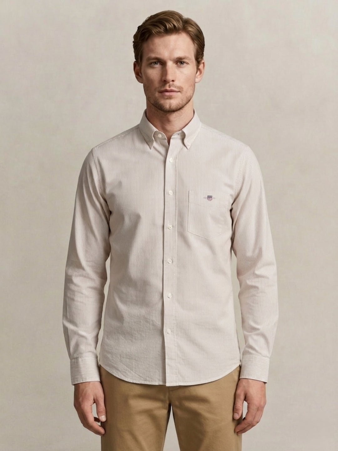 Gant Men Poplin Beige Striped Classic Collar Shirt