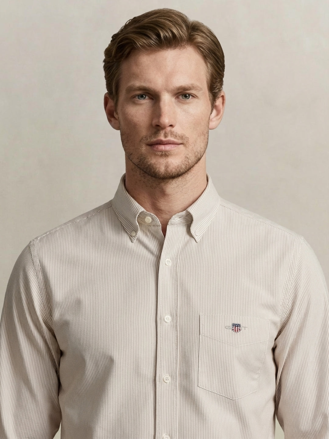 Gant Men Poplin Beige Striped Classic Collar Shirt