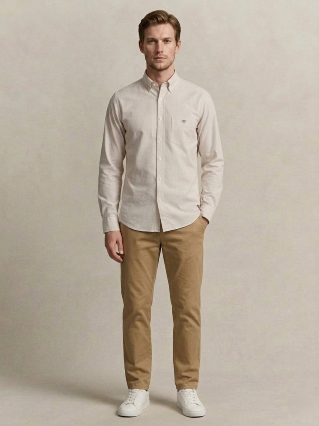Gant Men Poplin Beige Striped Classic Collar Shirt