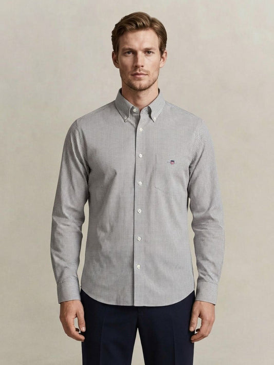 Gant Men Grey Checked Regular Fit Classic Poplin Gingham Shirt