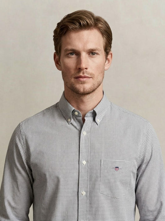 Gant Men Grey Checked Regular Fit Classic Poplin Gingham Shirt
