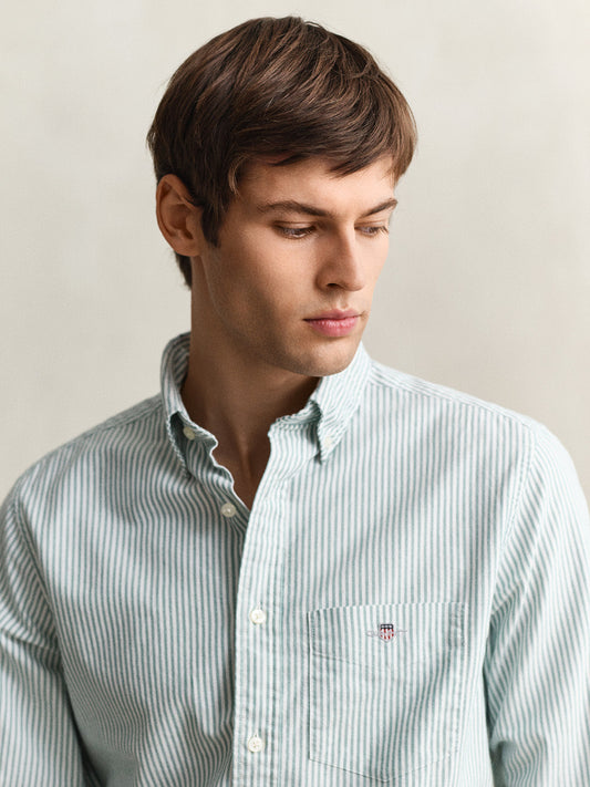 GANT Men Green Striped Regular Fit Classic Oxford Shirt