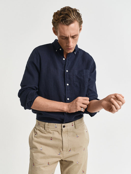GANT Men Navy Blue Pure Linen Shirt