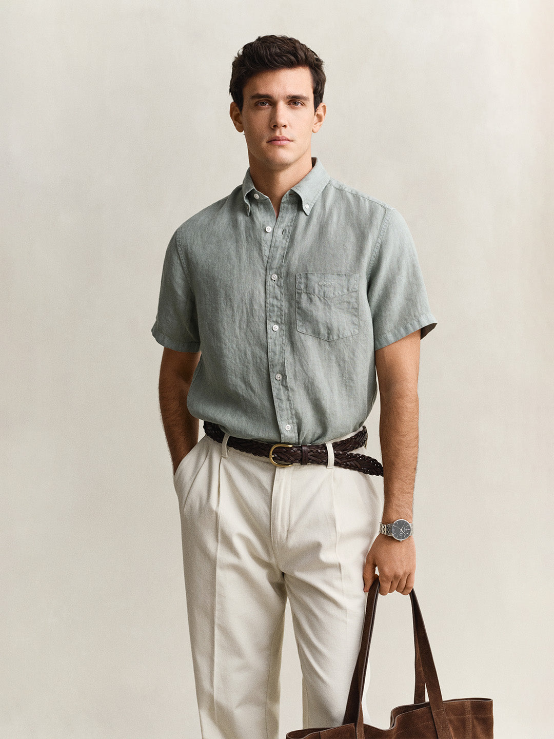 Gant Men Grey Solid Regular Fit Pure Linen Shirt