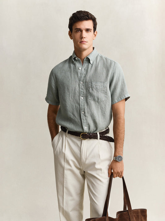 Gant Men Grey Solid Regular Fit Pure Linen Shirt