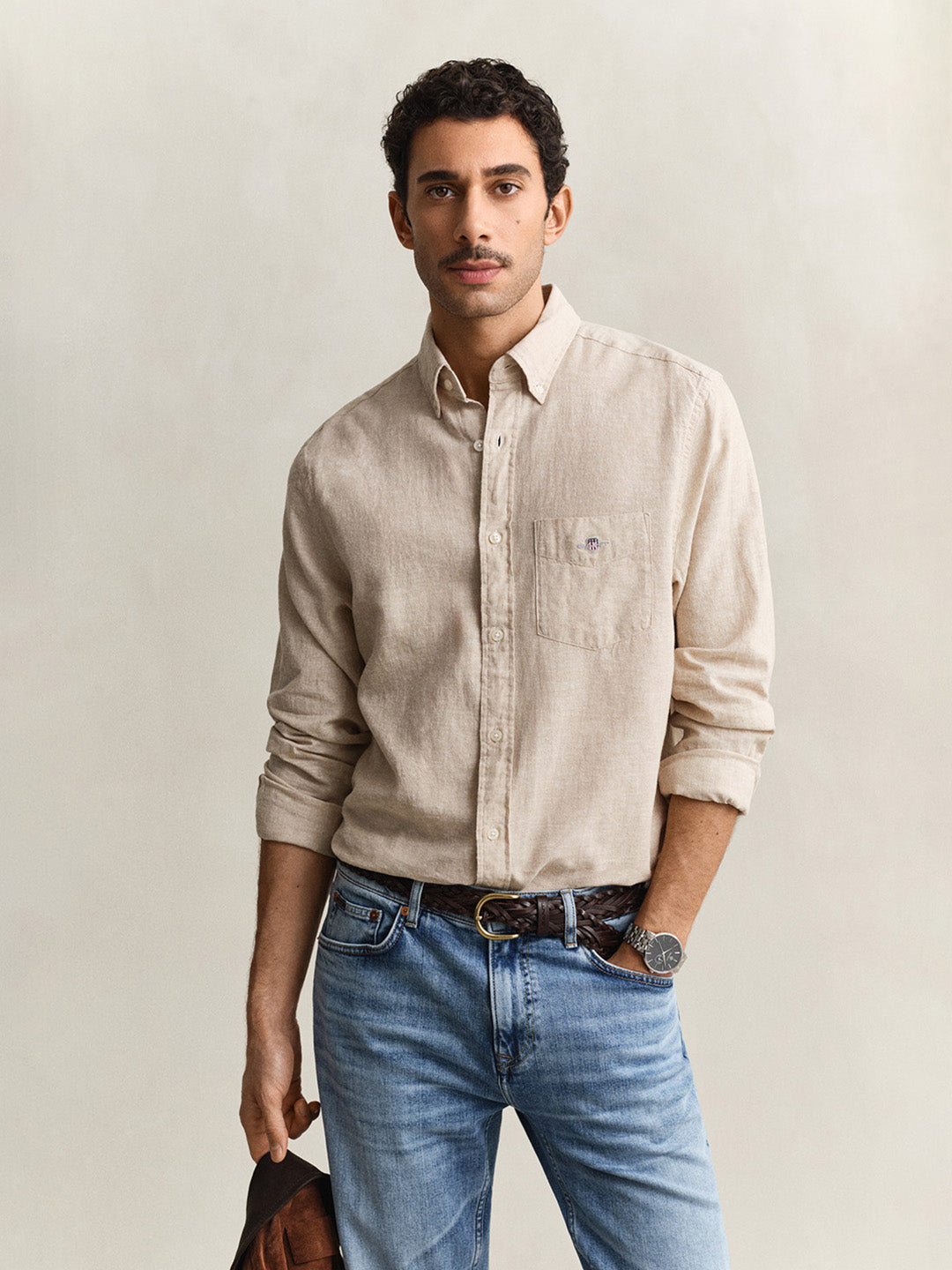 Gant Men Beige Regular Fit Linen Shirt