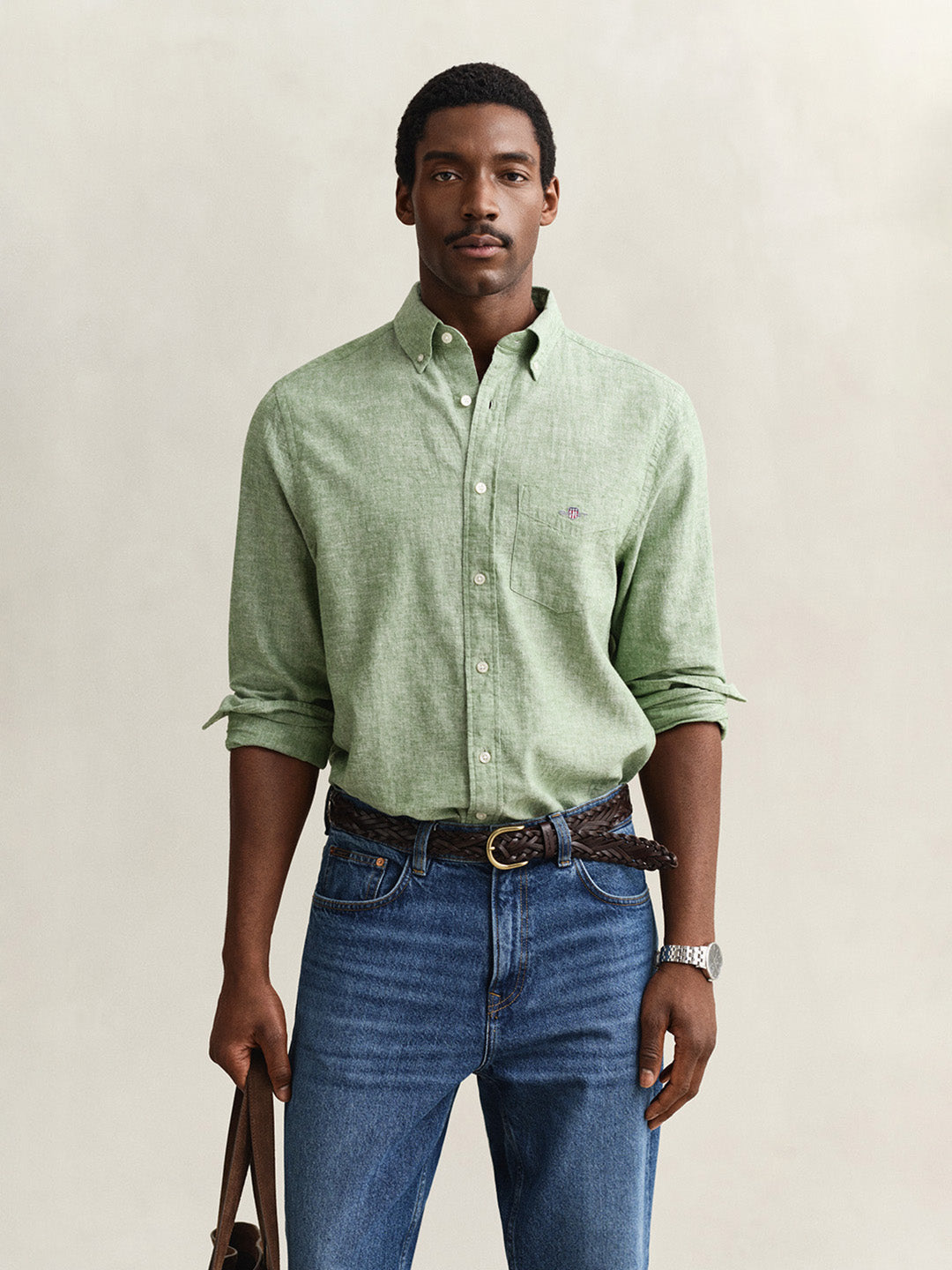 Gant Men Green Solid Regular Fit Cotton Linen Shirt