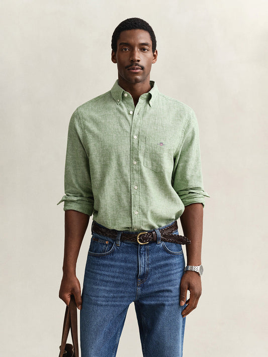 Gant Men Green Solid Regular Fit Cotton Linen Shirt