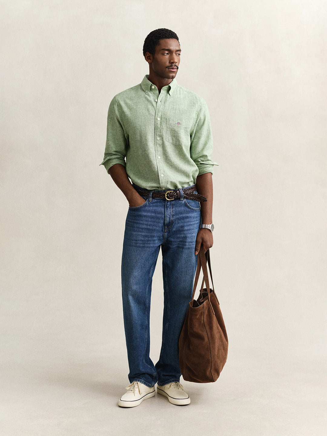 Gant Men Green Solid Regular Fit Cotton Linen Shirt