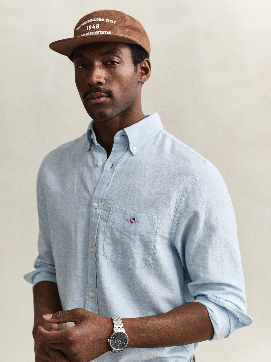 Gant Men Blue Solid Regular Fit Cotton Linen Shirt