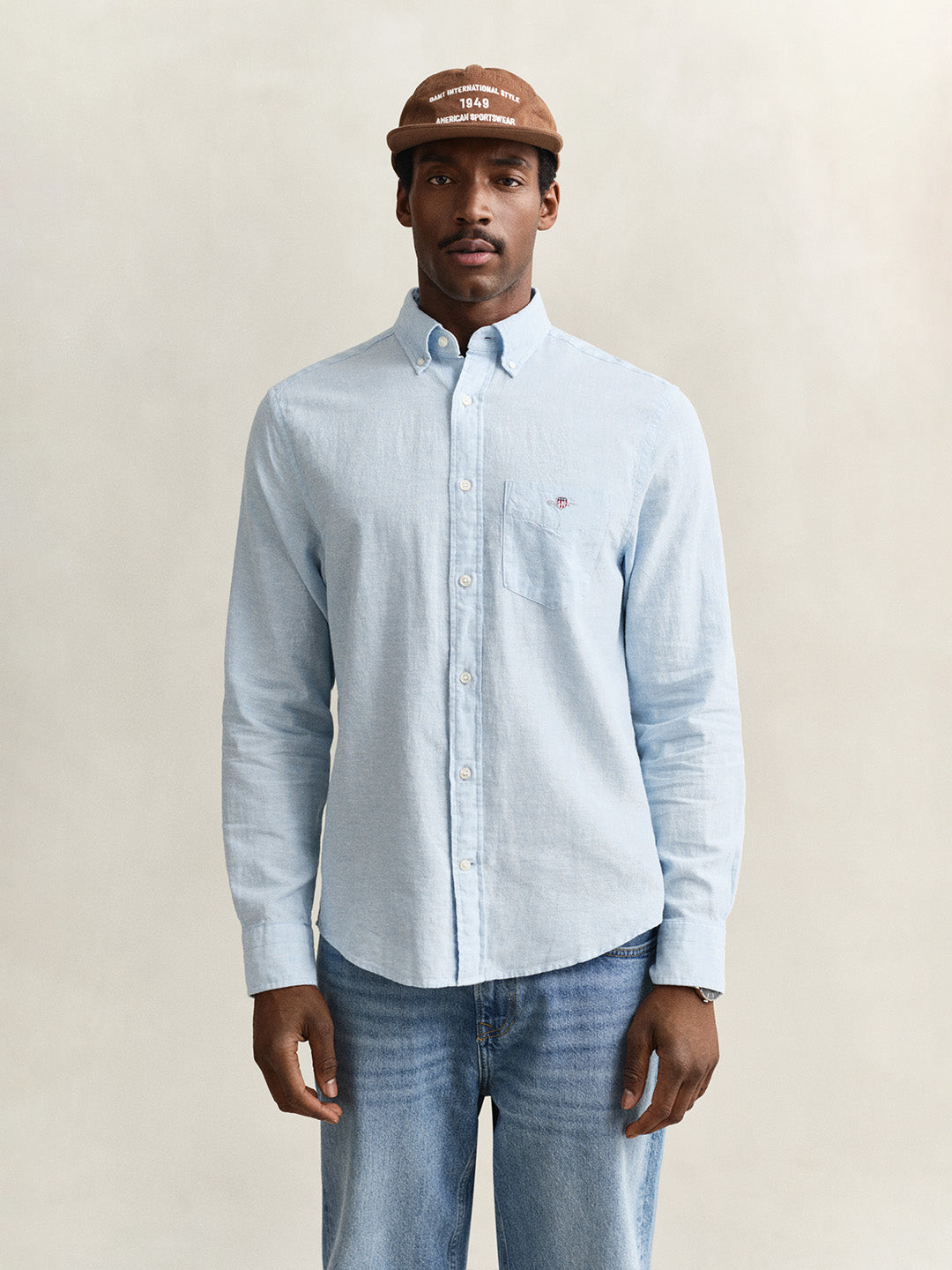 Gant Men Blue Solid Regular Fit Cotton Linen Shirt