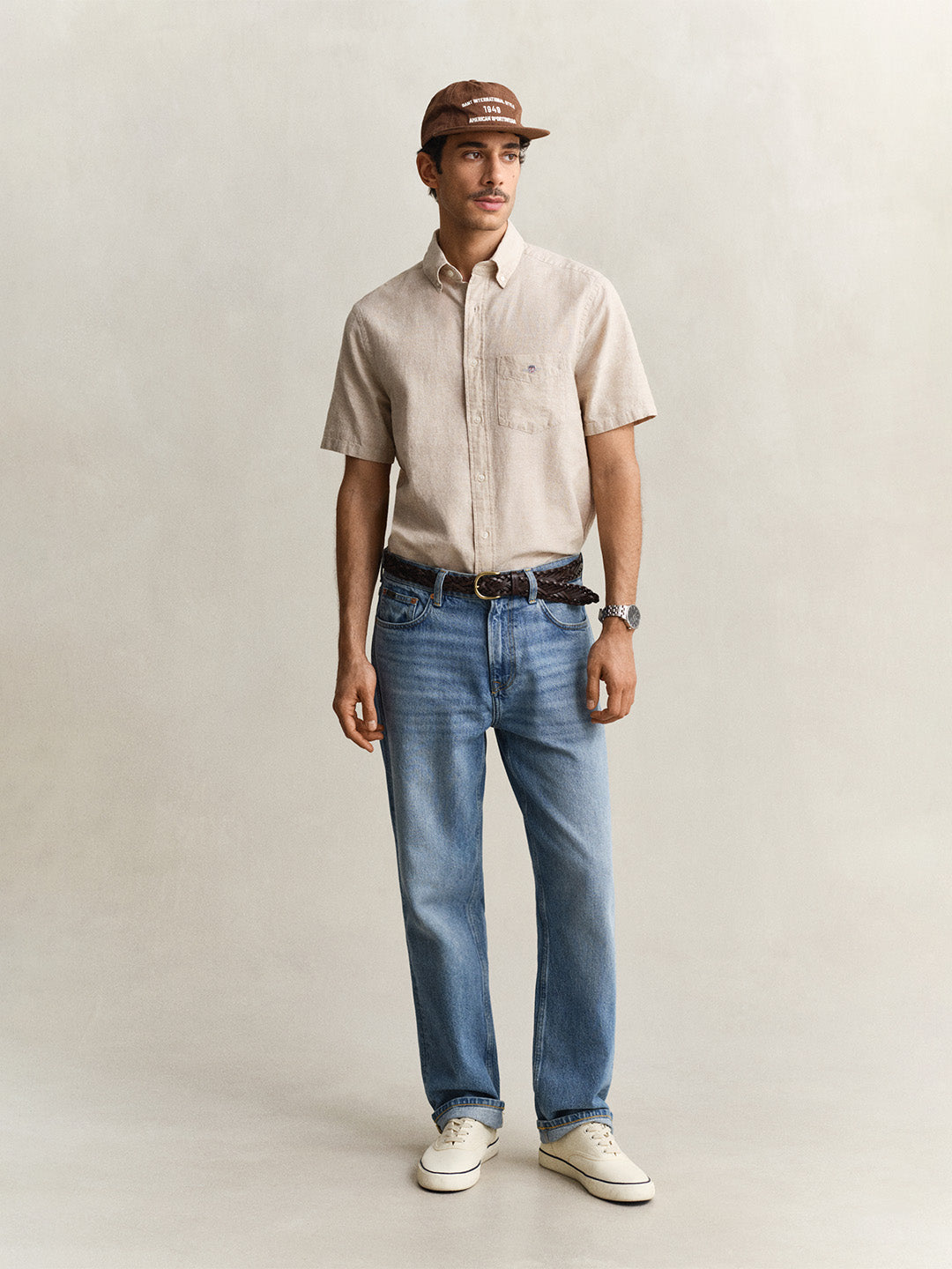 Gant Men Beige Solid Regular Fit Cotton Linen Shirt