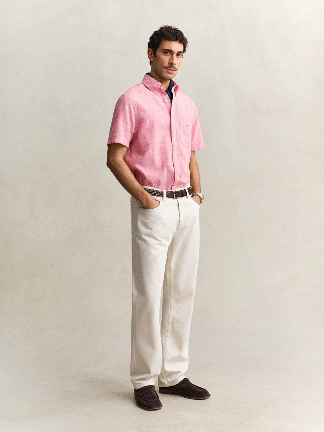 Gant Men Pink Solid Regular Fit Cotton Linen Shirt