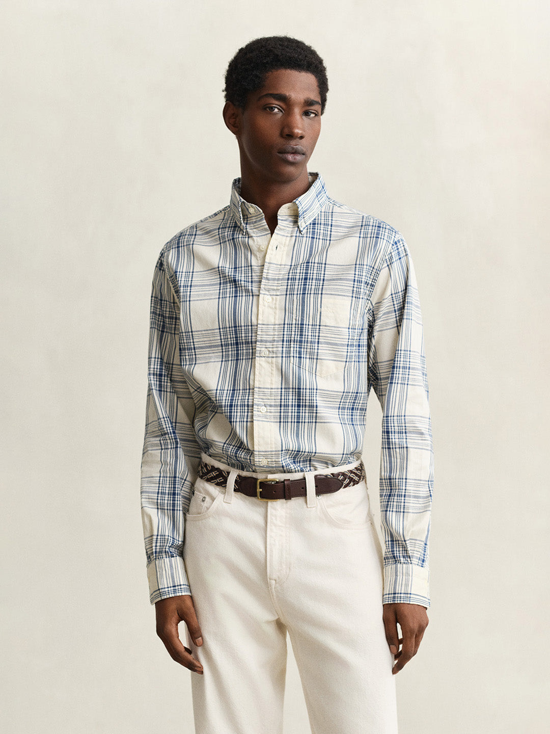 GANT Men Cream Checked Regular Fit Oxford Shirt