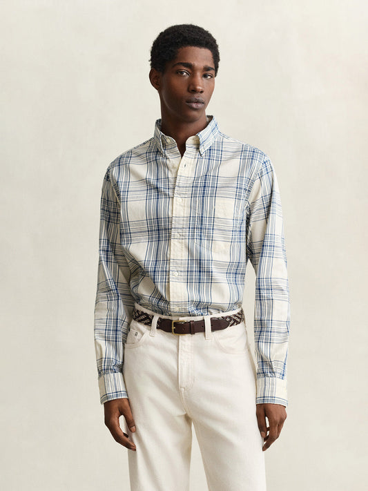 GANT Men Cream Checked Regular Fit Oxford Shirt