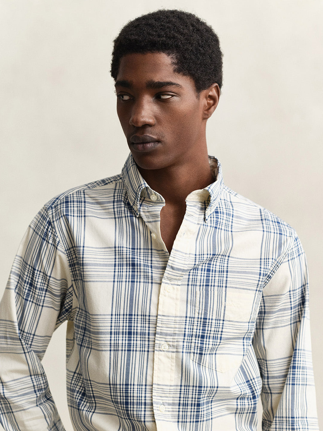 GANT Men Cream Checked Regular Fit Oxford Shirt