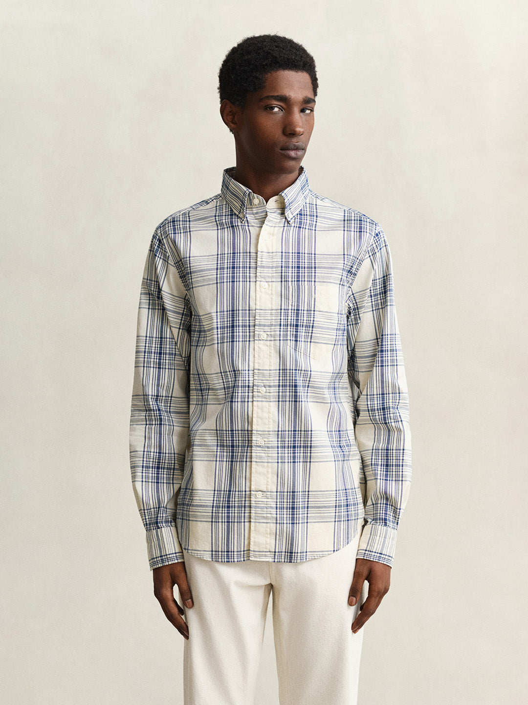 GANT Men Cream Checked Regular Fit Oxford Shirt