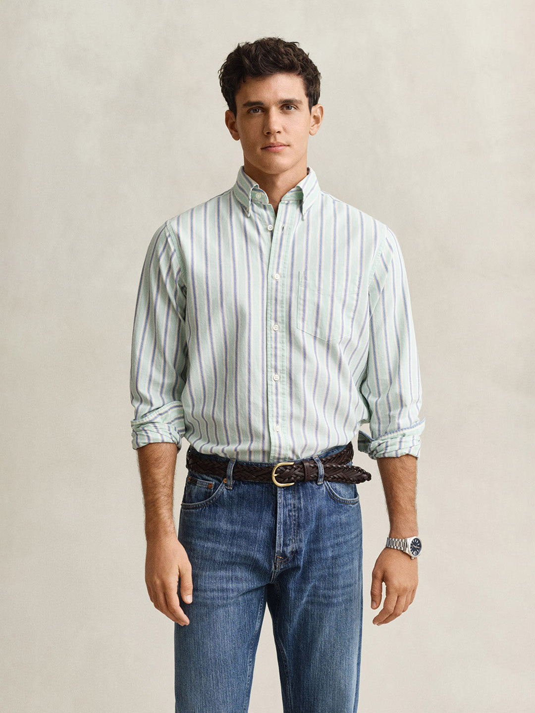 GANT Men Green Striped Regular Fit Oxford Shirt