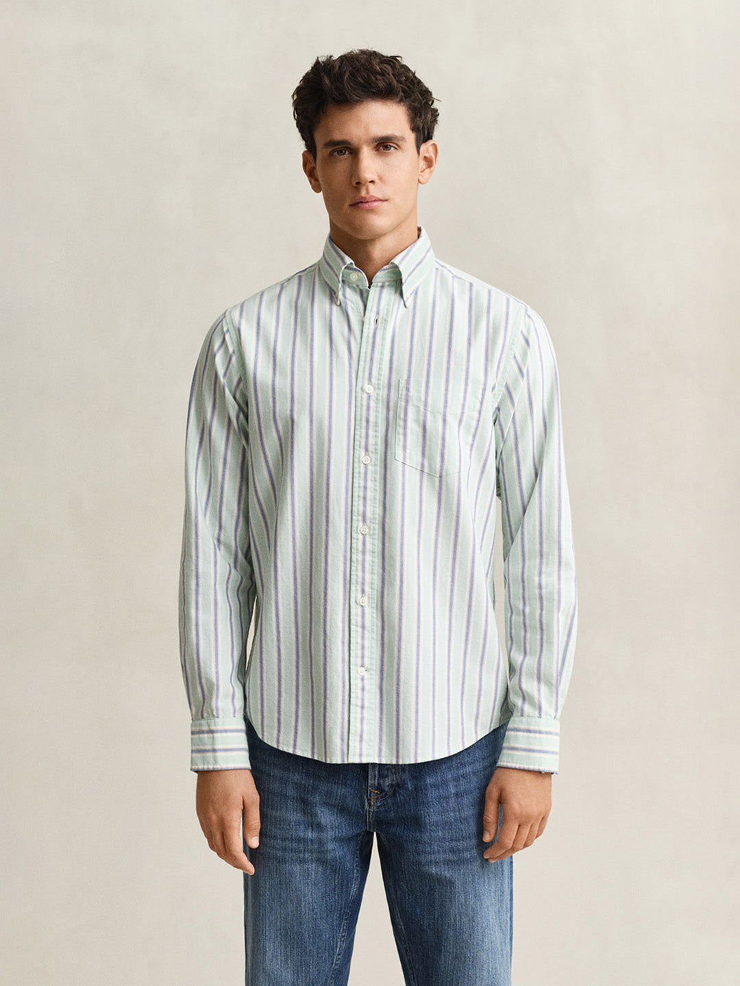 GANT Men Green Striped Regular Fit Oxford Shirt