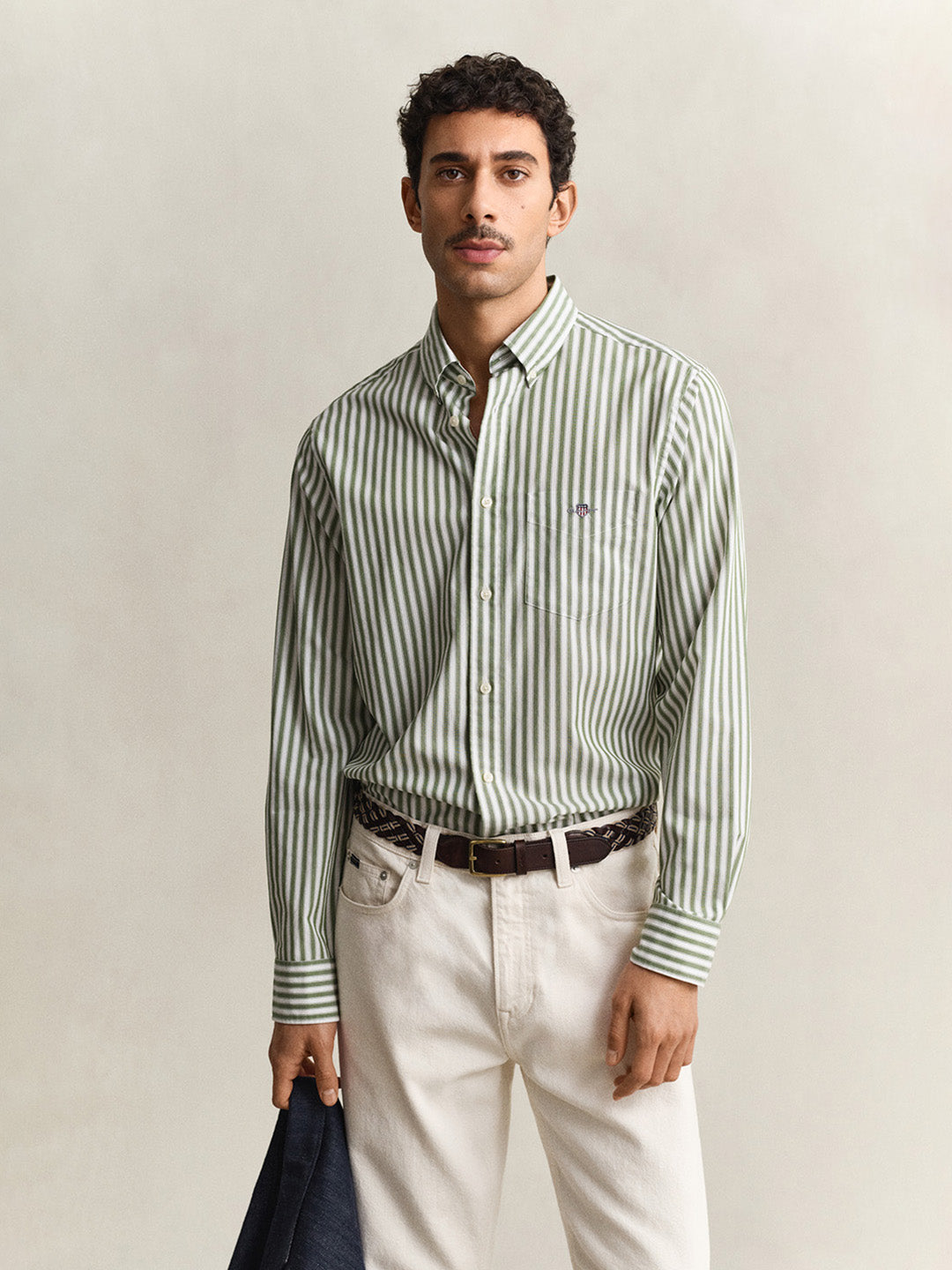 GANT Men Green Striped Regular Fit Poplin Shirt