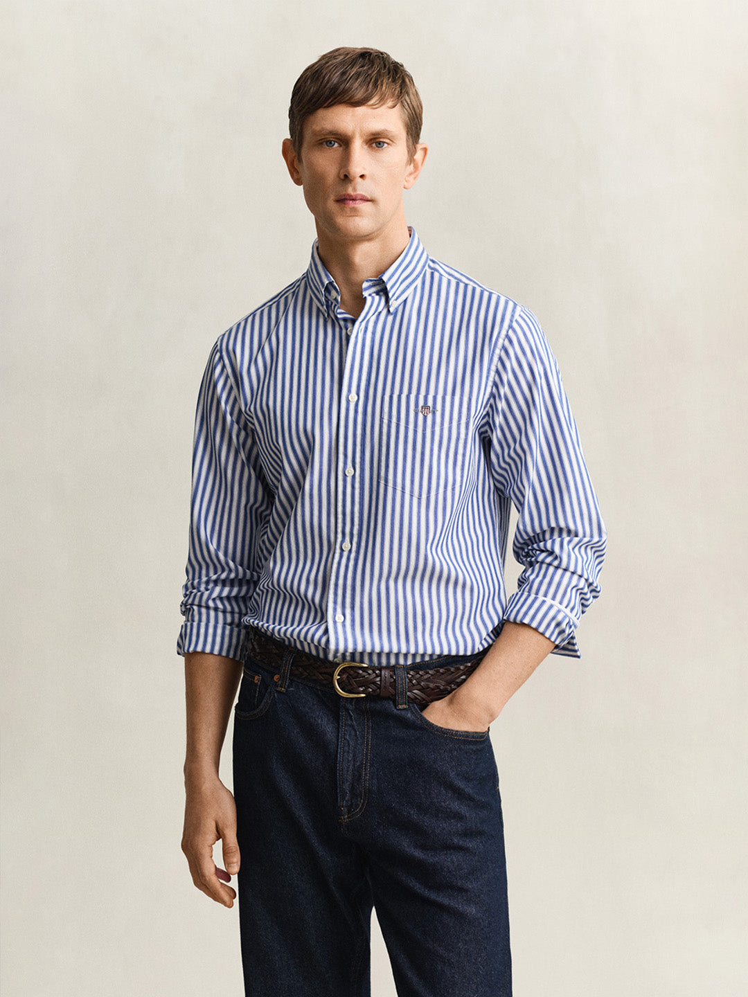 Gant Men Blue Striped Regular Fit Classic Poplin Shirt