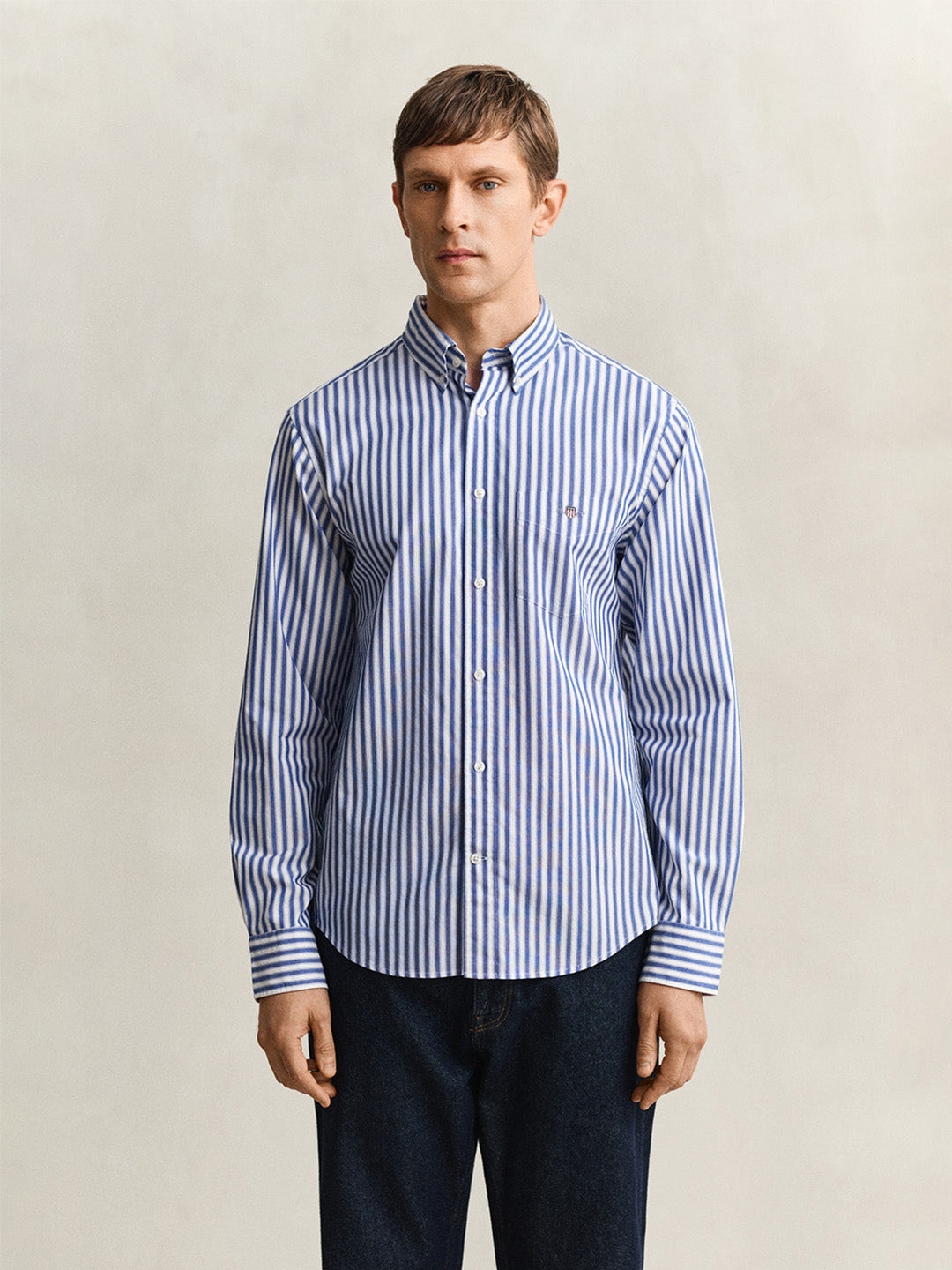 Gant Men Blue Striped Regular Fit Classic Poplin Shirt