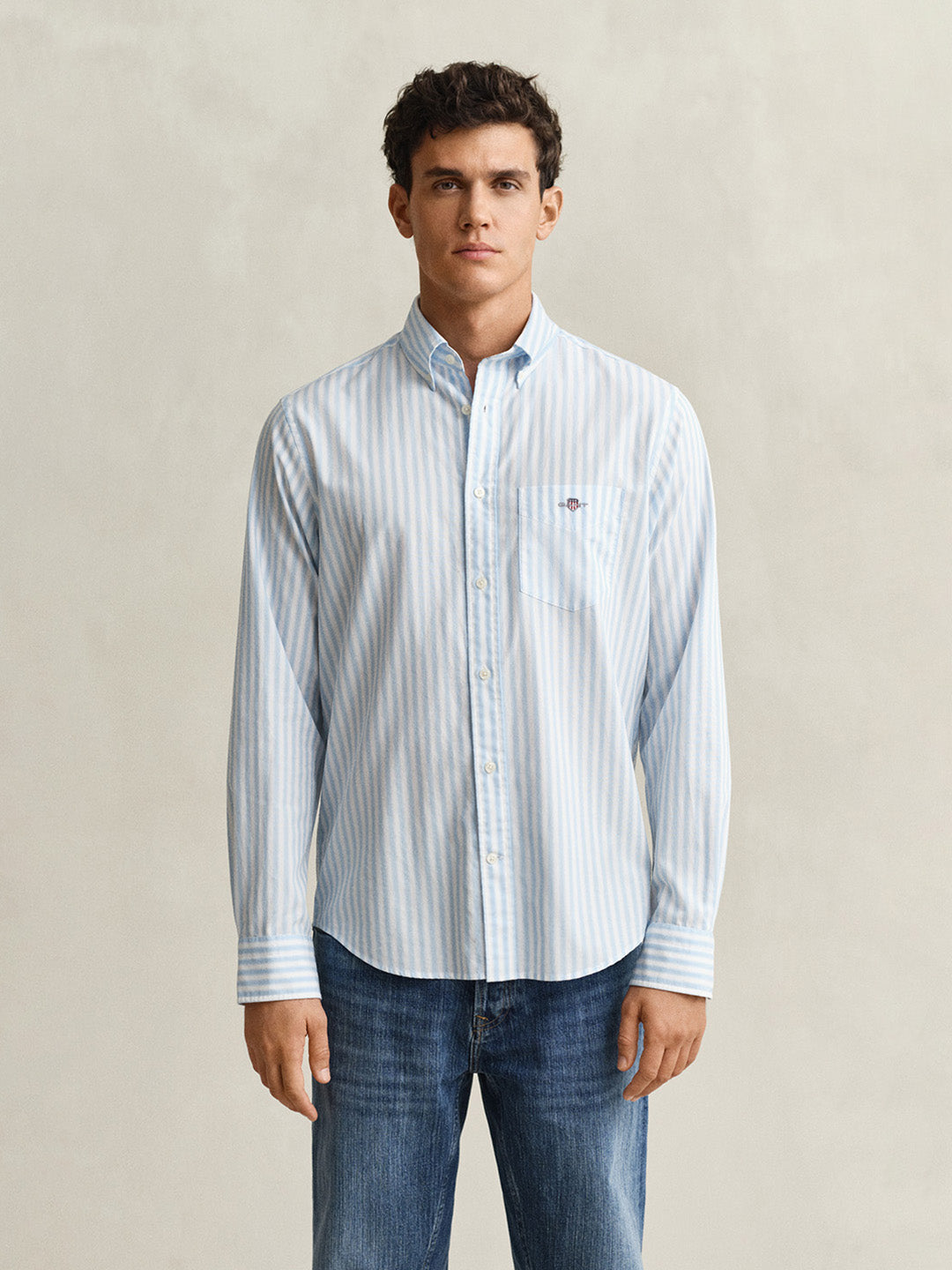 Gant Men Blue Striped Regular Fit Classic Poplin Shirt