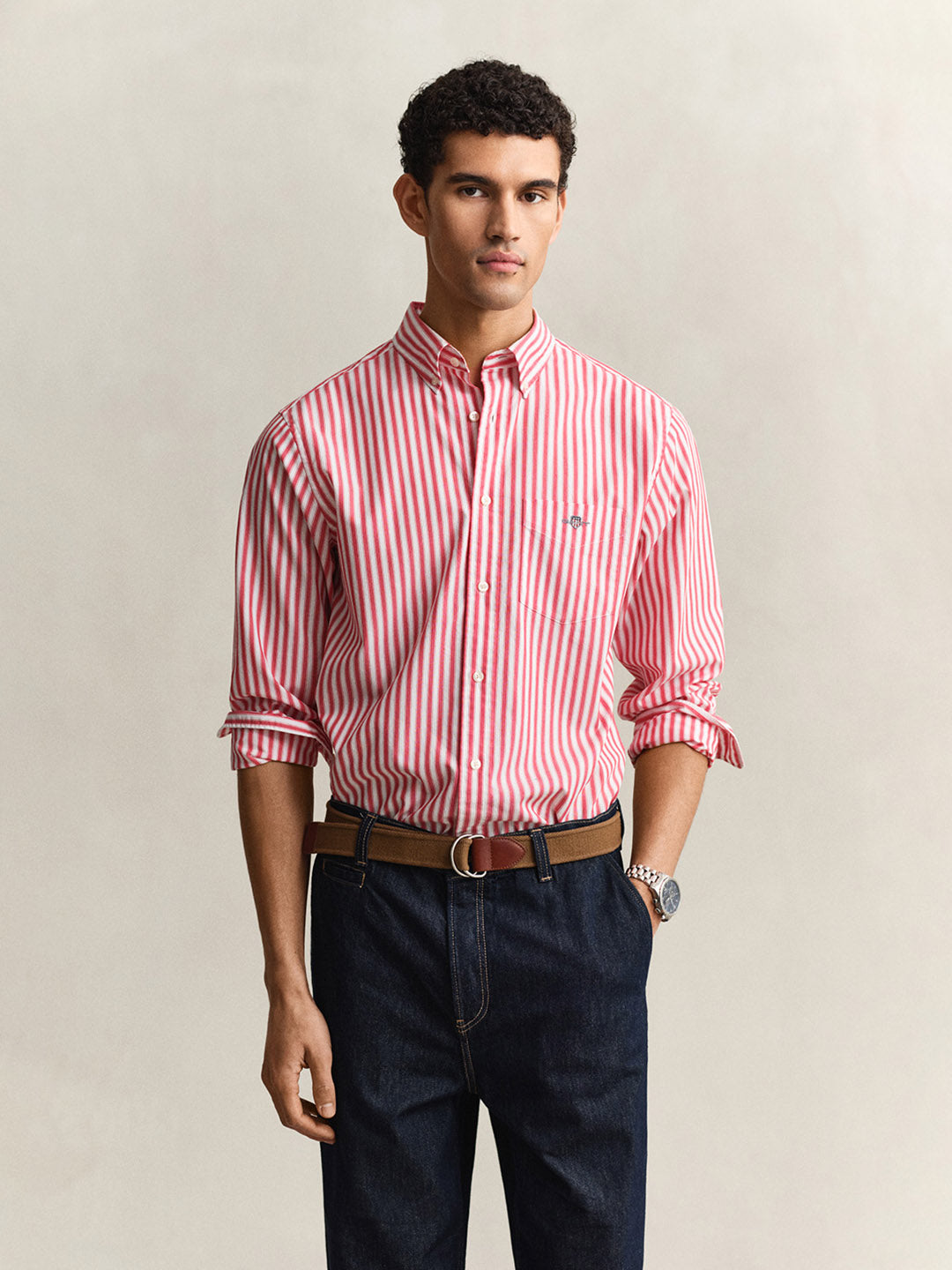 Gant Men Red Striped Regular Fit Classic Poplin Shirt