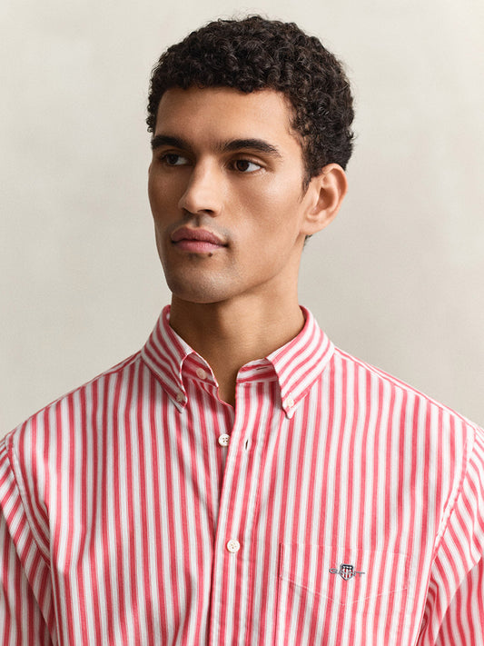 GANT Men Red Striped Regular Fit Poplin Shirt