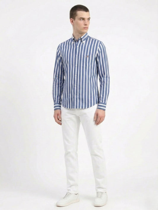 Gant Blue Cotton Striped Men Shirt