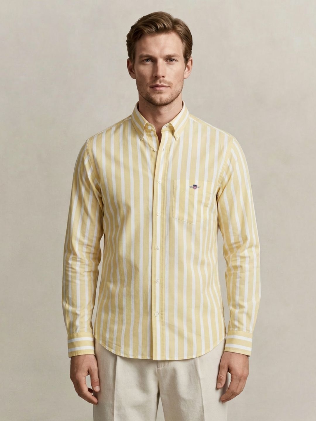 Gant Men Yellow Striped Regular Fit Classic Poplin Shirt