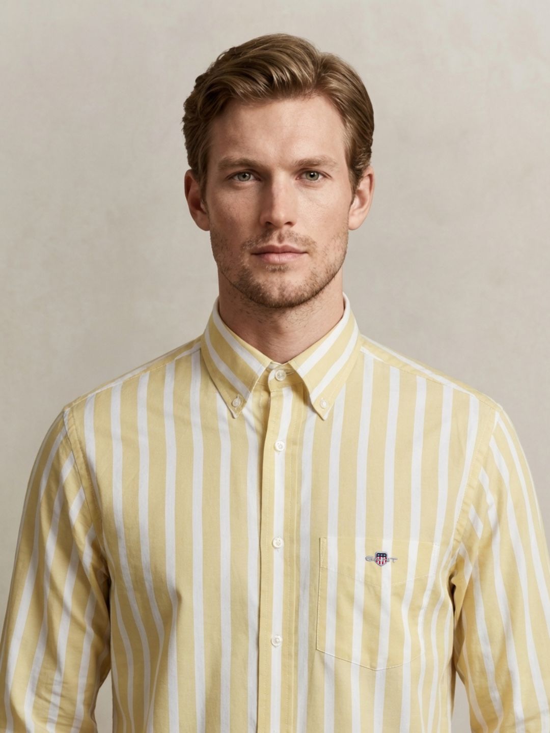 Gant Men Yellow Striped Regular Fit Classic Poplin Shirt