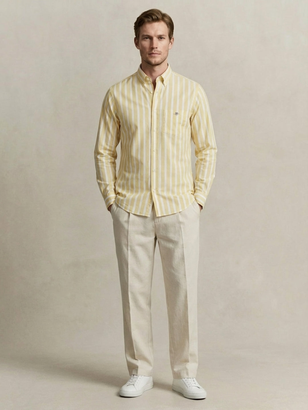 Gant Men Poplin Yellow Striped Classic Collar Shirt