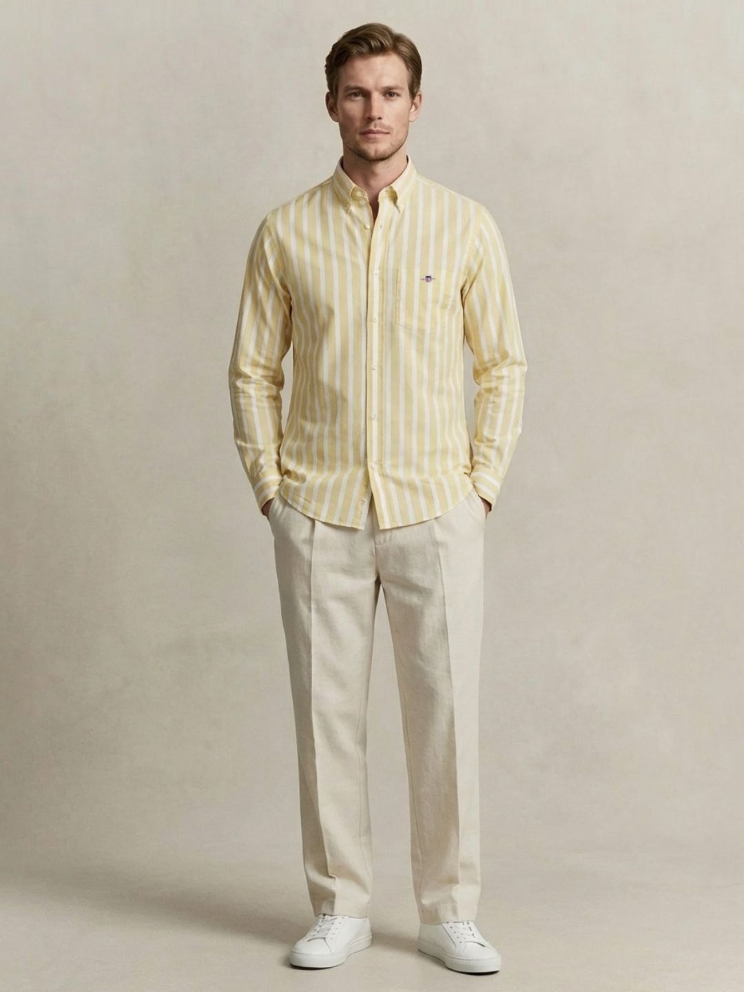 Gant Men Yellow Striped Regular Fit Classic Poplin Shirt