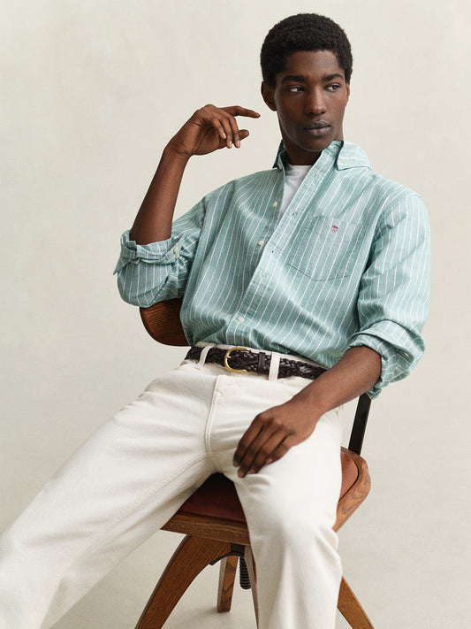 GANT Men Green Striped Regular Fit Classic Oxford Shirt