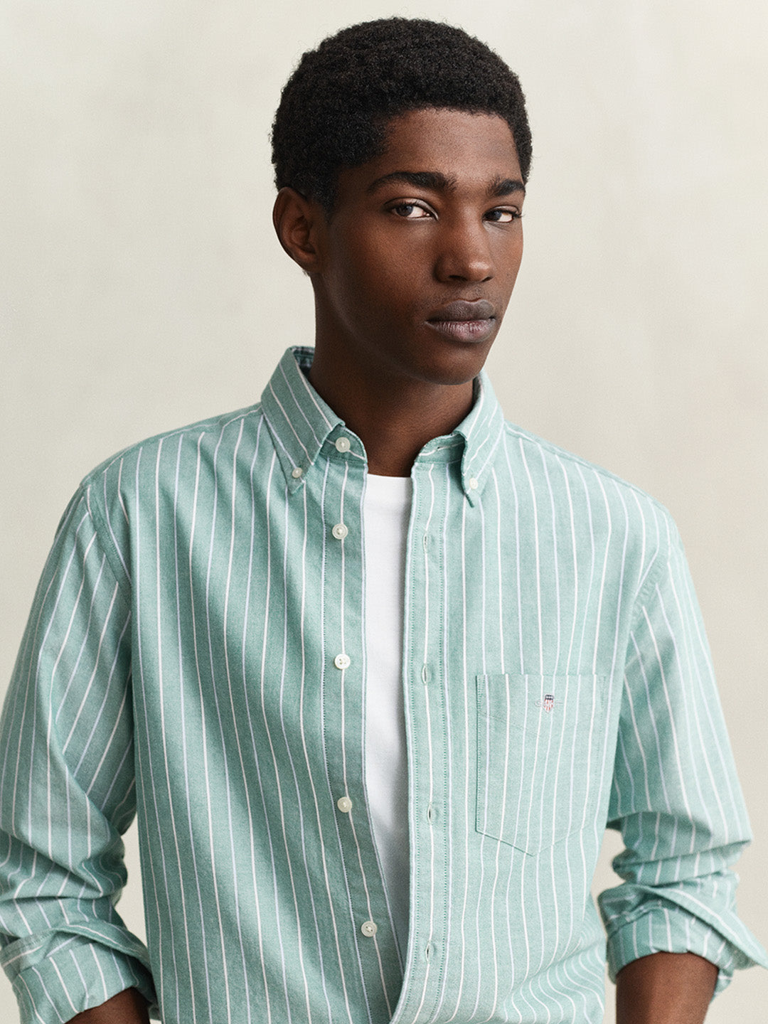 GANT Men Green Striped Regular Fit Classic Oxford Shirt