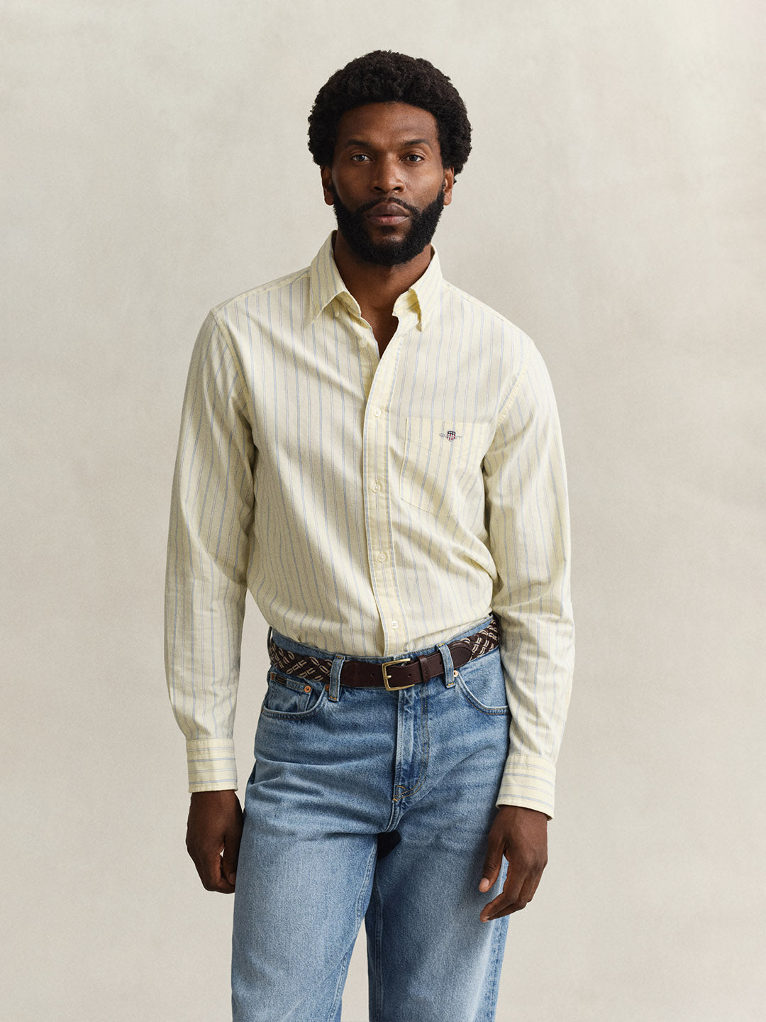 GANT Men Yellow Striped Regular Fit Classic Oxford Shirt