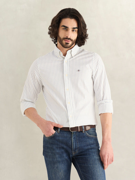 Gant Men White Striped Slim Fit Oxford Shirt