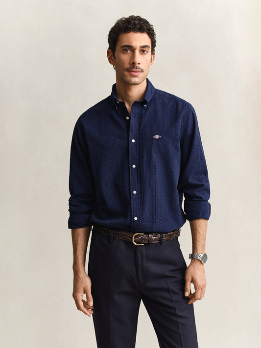 GANT Men Navy Blue Regular Fit Seersucker Shirt