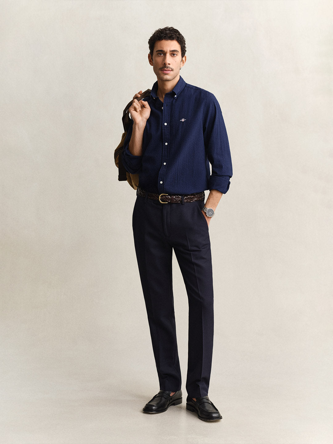 GANT Men Navy Blue Regular Fit Seersucker Shirt