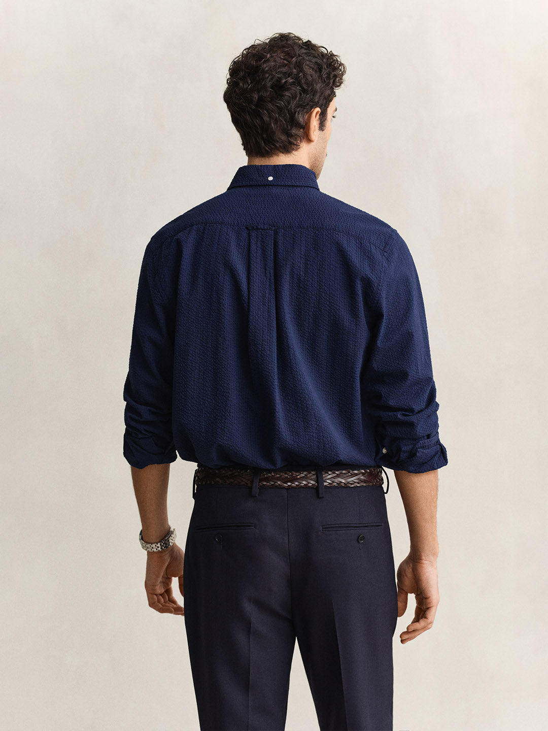 GANT Men Navy Blue Regular Fit Seersucker Shirt