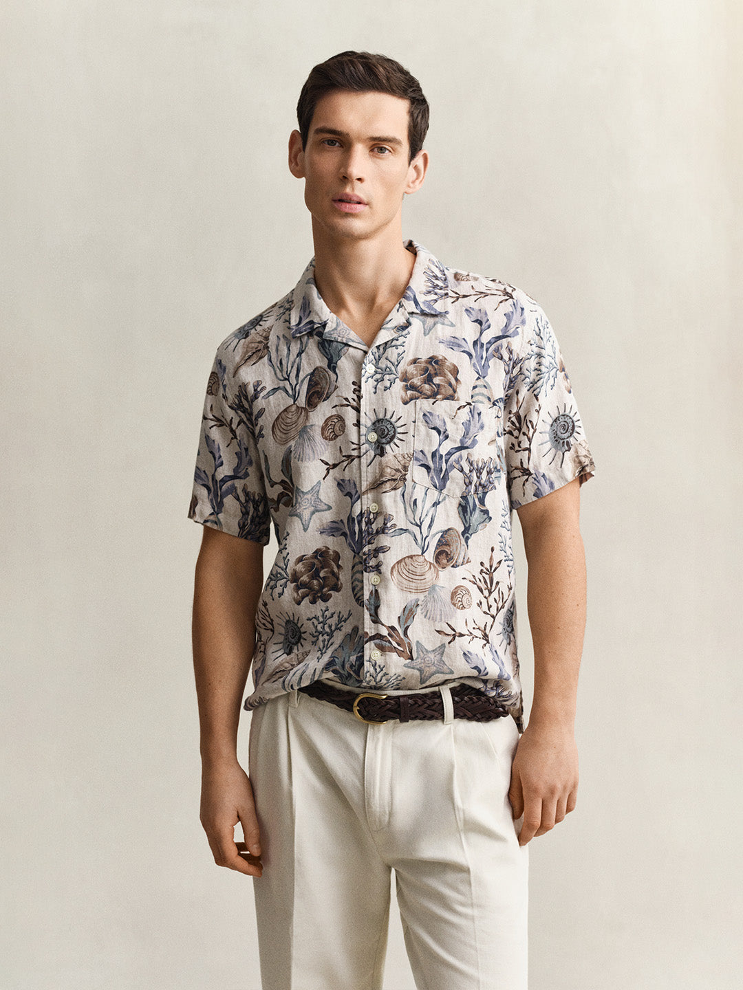 GANT Men Beige Printed Floral Linen Shirt